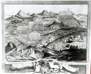 Die Schlachtordnung von Carberry Hill bei Edinburgh mit der Kapitulation von Maria Stuart an die konföderierten Lords von Schottland und der Flucht von Earl Bothwell, 1567, graviert vom Künstler, 1743